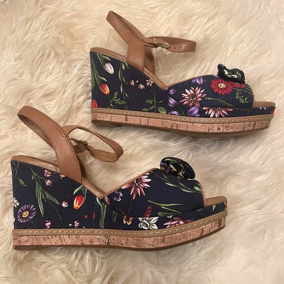 Clarks 8.5 Amelia Joyce Wedge Sandals | Navy Floral Cork Platform, Rare New NWT - Picture 1 of 13